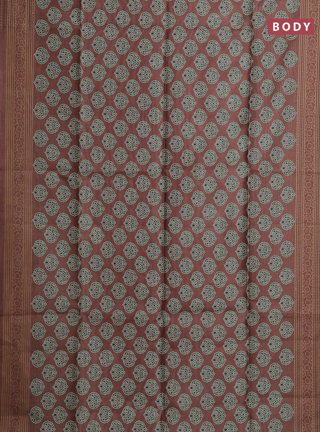 Semi tussar saree brown with allover ajrakh butta prints and katha stitch work pallu & border