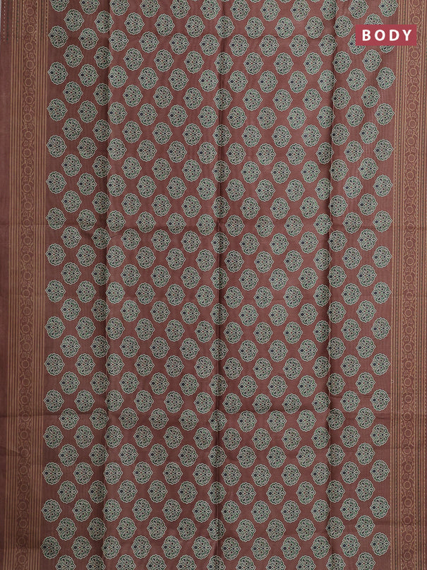 Semi tussar saree brown with allover ajrakh butta prints and katha stitch work pallu & border