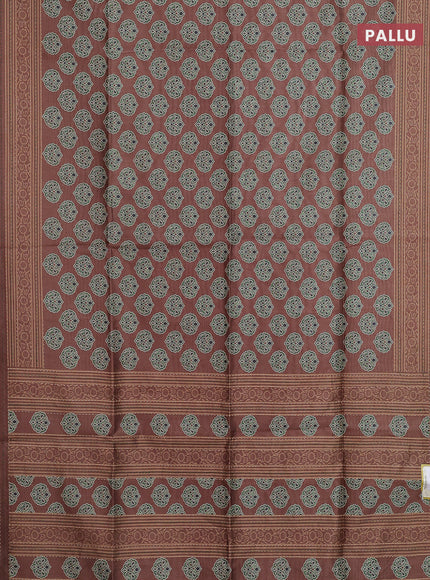 Semi tussar saree brown with allover ajrakh butta prints and katha stitch work pallu & border