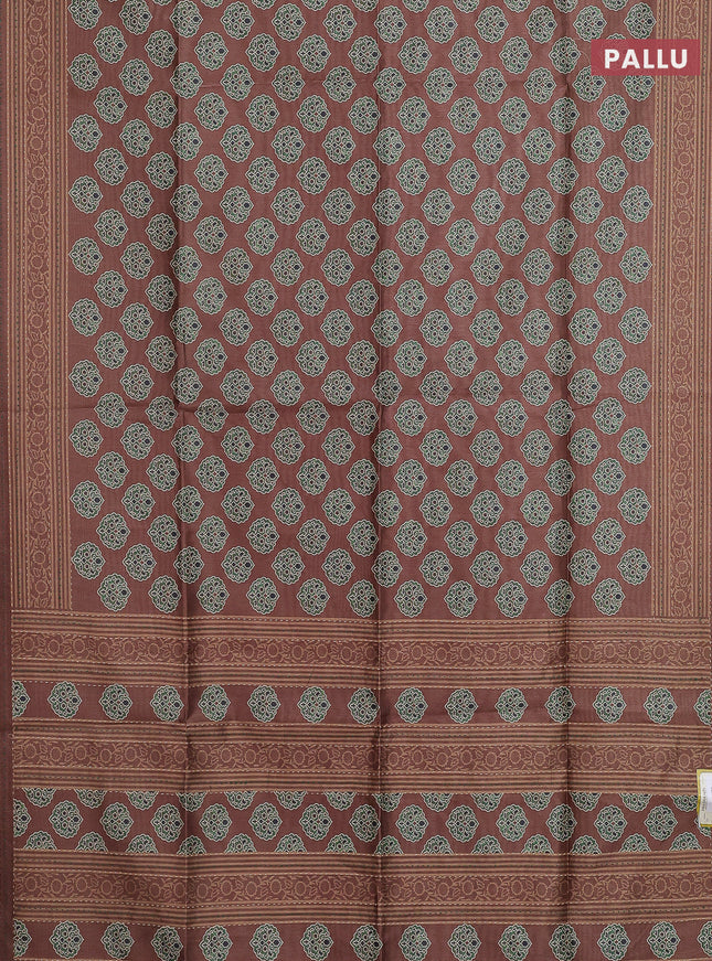 Semi tussar saree brown with allover ajrakh butta prints and katha stitch work pallu & border