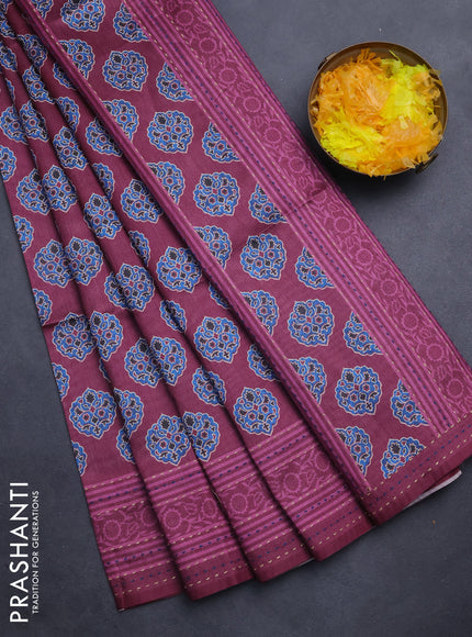Semi tussar saree dark magenta pink with allover ajrakh butta prints and katha stitch work pallu & border