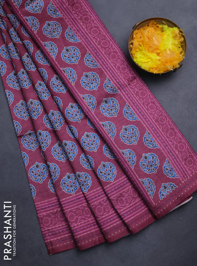 Semi tussar saree dark magenta pink with allover ajrakh butta prints and katha stitch work pallu & border