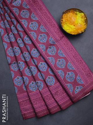 Semi tussar saree dark magenta pink with allover ajrakh butta prints and katha stitch work pallu & border
