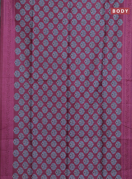 Semi tussar saree dark magenta pink with allover ajrakh butta prints and katha stitch work pallu & border
