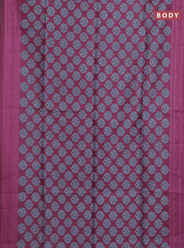 Semi tussar saree dark magenta pink with allover ajrakh butta prints and katha stitch work pallu & border