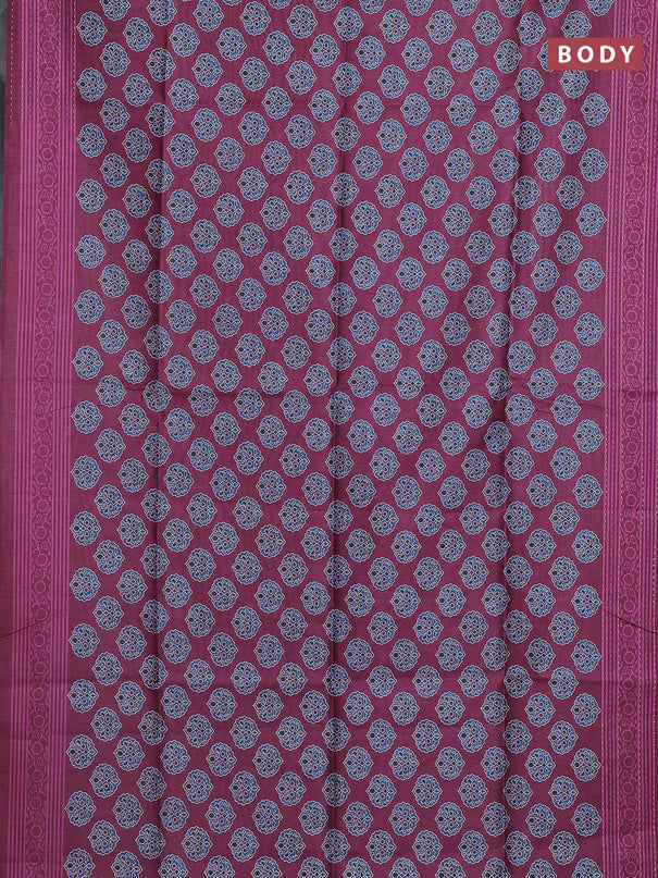 Semi tussar saree dark magenta pink with allover ajrakh butta prints and katha stitch work pallu & border