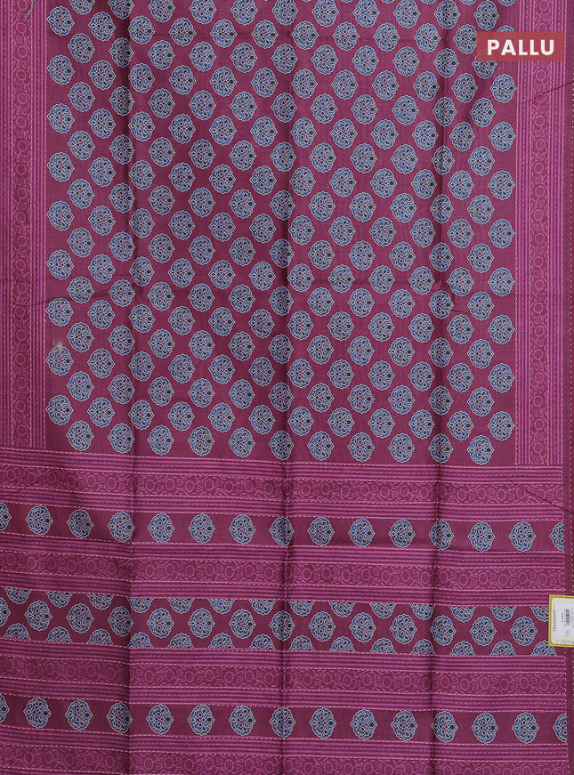 Semi tussar saree dark magenta pink with allover ajrakh butta prints and katha stitch work pallu & border