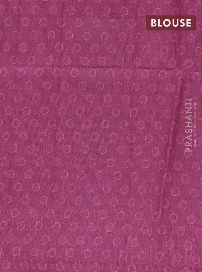 Semi tussar saree dark magenta pink with allover ajrakh butta prints and katha stitch work pallu & border