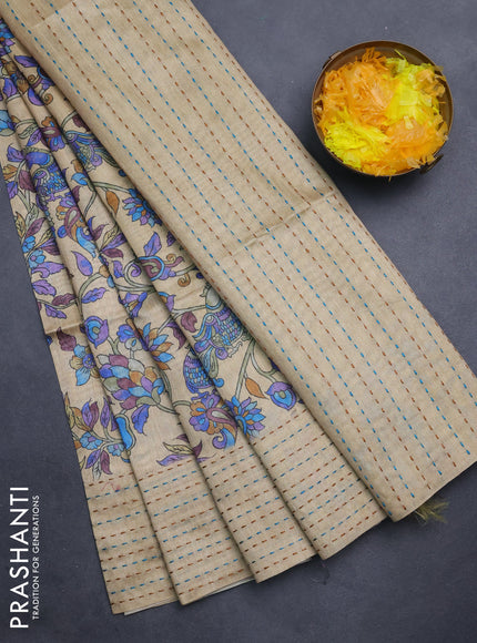 Semi tussar saree beige and lime yellow with allover kalamkari prints and katha stitch work pallu & border