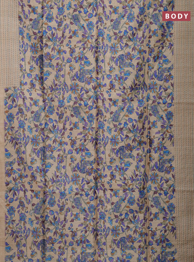 Semi tussar saree beige and lime yellow with allover kalamkari prints and katha stitch work pallu & border