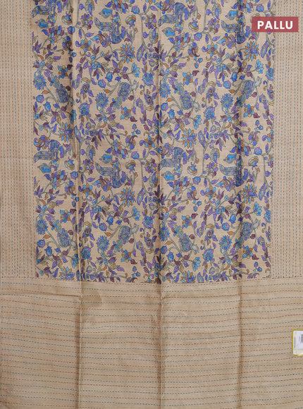 Semi tussar saree beige and lime yellow with allover kalamkari prints and katha stitch work pallu & border