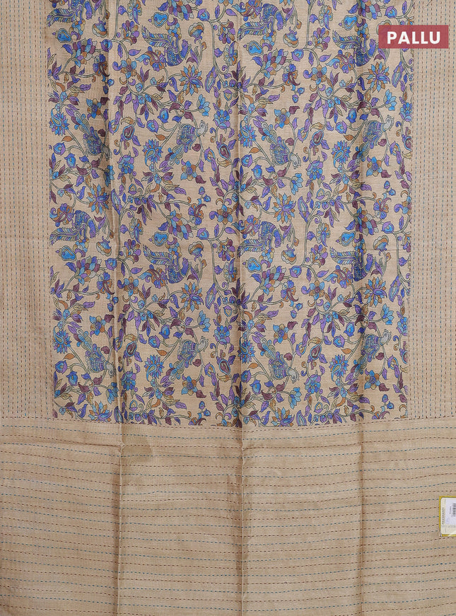 Semi tussar saree beige and lime yellow with allover kalamkari prints and katha stitch work pallu & border