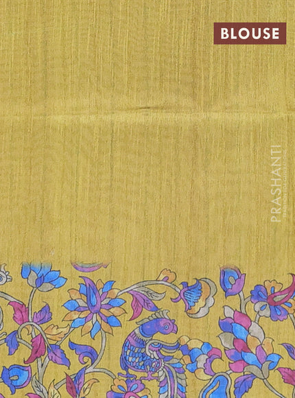 Semi tussar saree beige and lime yellow with allover kalamkari prints and katha stitch work pallu & border