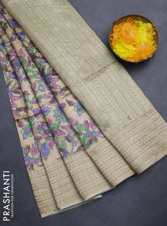 Semi tussar saree beige and green with allover kalamkari prints and katha stitch work pallu & border