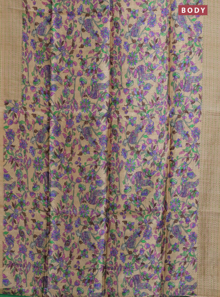 Semi tussar saree beige and green with allover kalamkari prints and katha stitch work pallu & border
