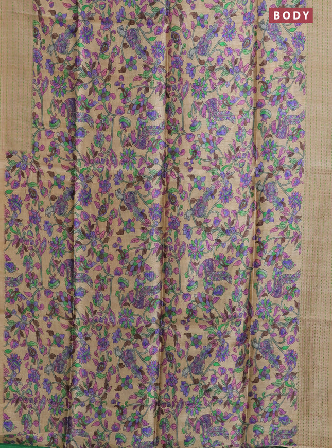Semi tussar saree beige and green with allover kalamkari prints and katha stitch work pallu & border