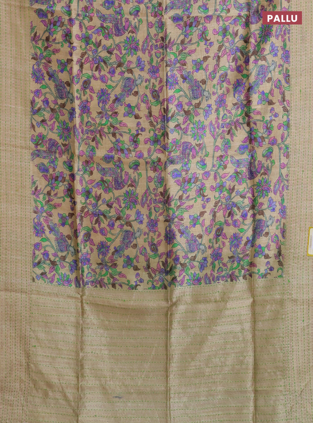 Semi tussar saree beige and green with allover kalamkari prints and katha stitch work pallu & border