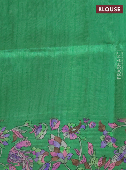 Semi tussar saree beige and green with allover kalamkari prints and katha stitch work pallu & border