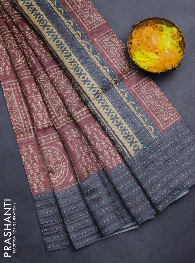 Semi tussar saree pastel maroon and grey with allover batik prints and katha stitch work pallu & border