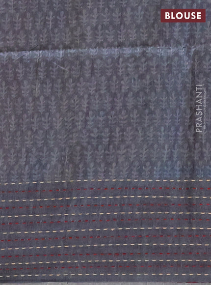 Semi tussar saree pastel maroon and grey with allover batik prints and katha stitch work pallu & border