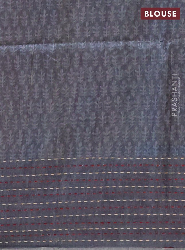 Semi tussar saree pastel maroon and grey with allover batik prints and katha stitch work pallu & border