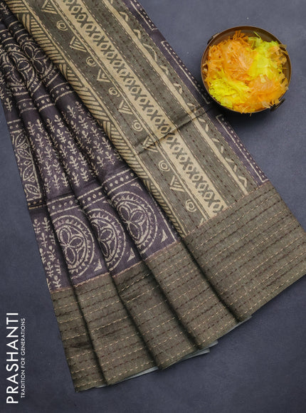 Semi tussar saree greyish brown and dark sap green with allover batik prints and katha stitch work pallu & border
