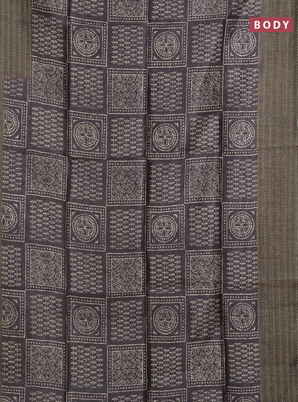Semi tussar saree greyish brown and dark sap green with allover batik prints and katha stitch work pallu & border