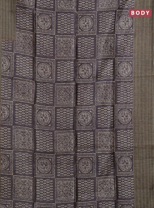 Semi tussar saree greyish brown and dark sap green with allover batik prints and katha stitch work pallu & border
