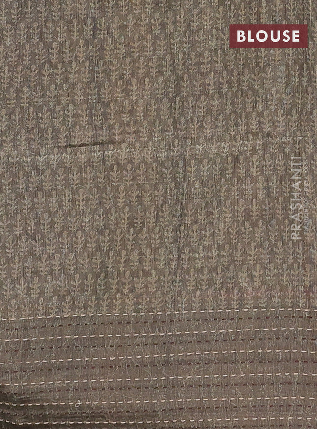 Semi tussar saree greyish brown and dark sap green with allover batik prints and katha stitch work pallu & border