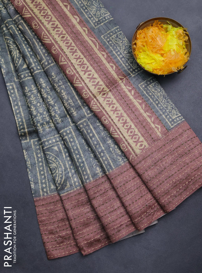 Semi tussar saree grey shade and rosy brown with allover batik prints and katha stitch work pallu & border