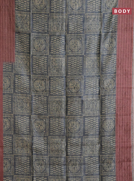 Semi tussar saree grey shade and rosy brown with allover batik prints and katha stitch work pallu & border