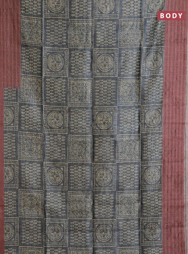 Semi tussar saree grey shade and rosy brown with allover batik prints and katha stitch work pallu & border