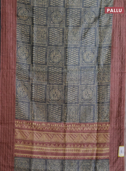 Semi tussar saree grey shade and rosy brown with allover batik prints and katha stitch work pallu & border