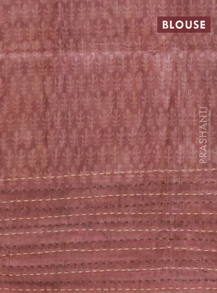 Semi tussar saree grey shade and rosy brown with allover batik prints and katha stitch work pallu & border