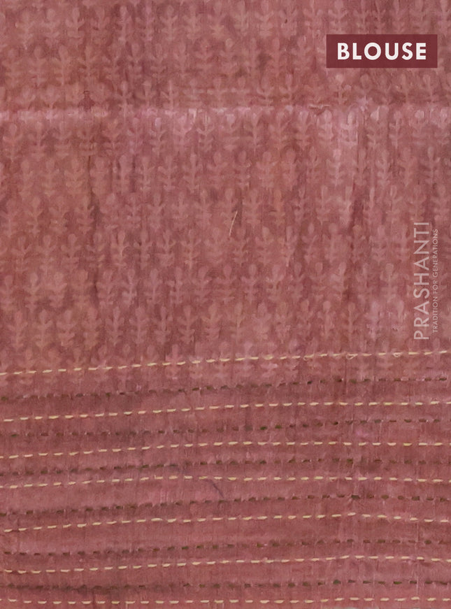 Semi tussar saree grey shade and rosy brown with allover batik prints and katha stitch work pallu & border