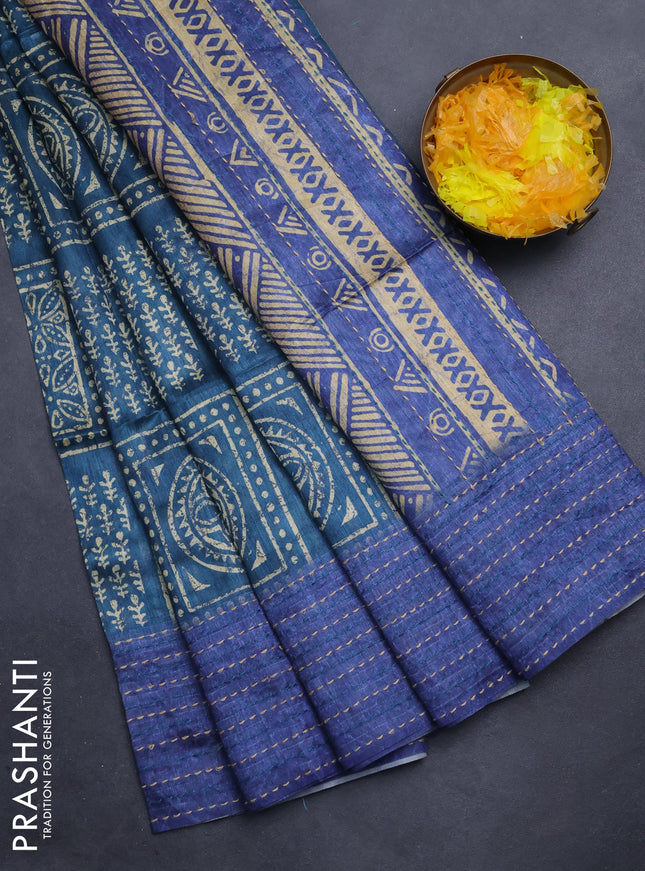 Semi tussar saree peacock green and blue with allover batik prints and katha stitch work pallu & border