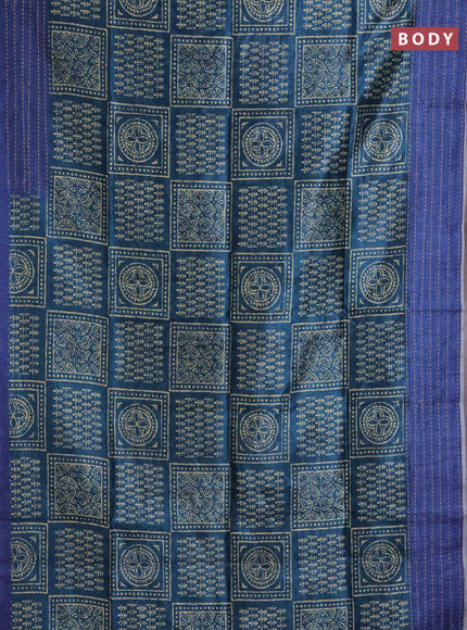 Semi tussar saree peacock green and blue with allover batik prints and katha stitch work pallu & border