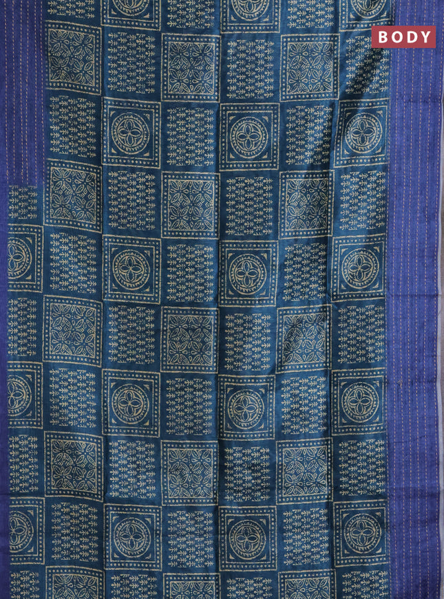 Semi tussar saree peacock green and blue with allover batik prints and katha stitch work pallu & border