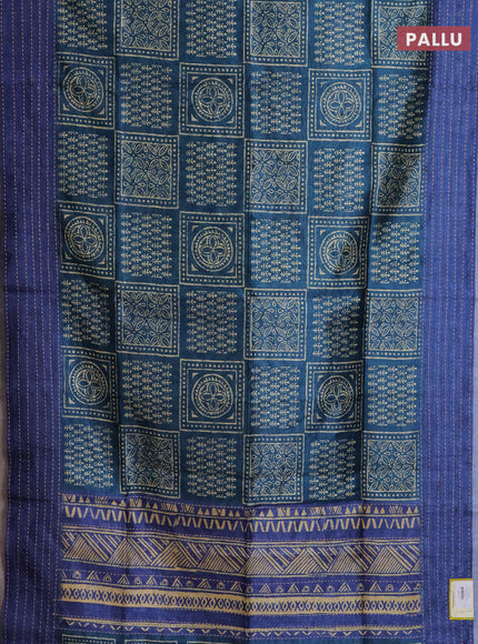 Semi tussar saree peacock green and blue with allover batik prints and katha stitch work pallu & border