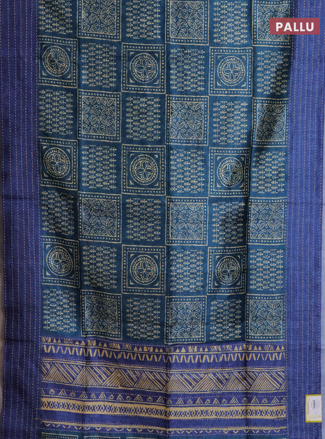 Semi tussar saree peacock green and blue with allover batik prints and katha stitch work pallu & border