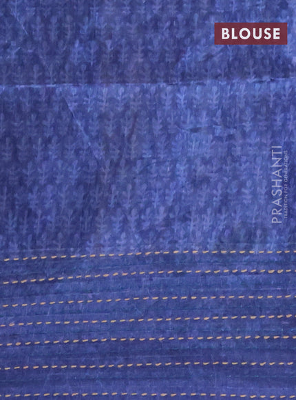 Semi tussar saree peacock green and blue with allover batik prints and katha stitch work pallu & border