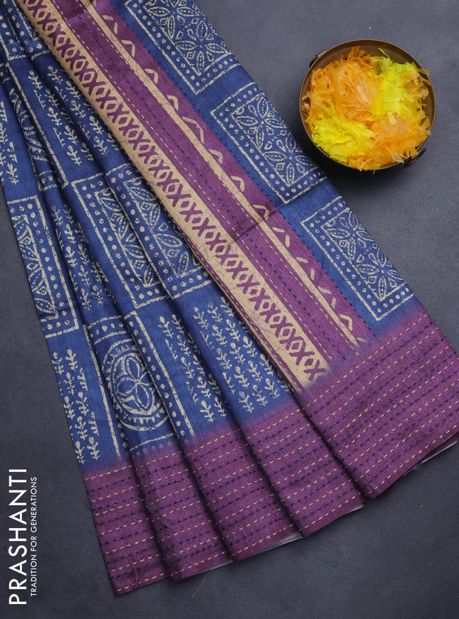 Semi tussar saree blue and purple with allover batik prints and katha stitch work pallu & border