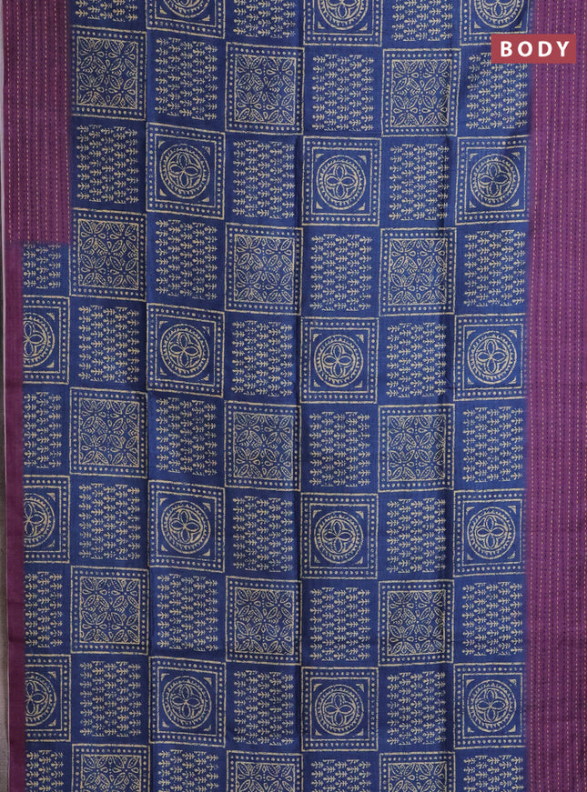 Semi tussar saree blue and purple with allover batik prints and katha stitch work pallu & border
