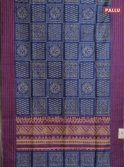 Semi tussar saree blue and purple with allover batik prints and katha stitch work pallu & border