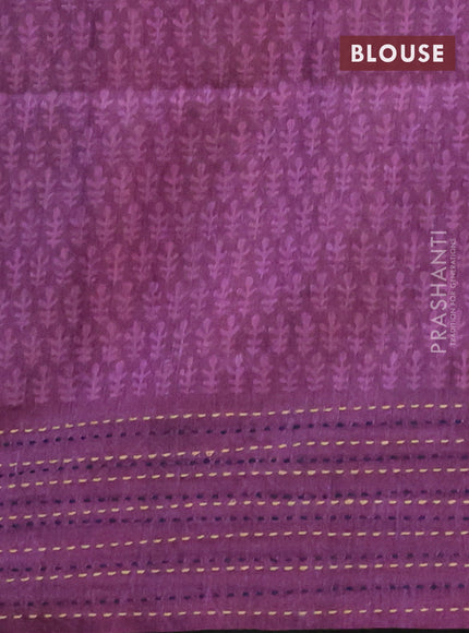 Semi tussar saree blue and purple with allover batik prints and katha stitch work pallu & border