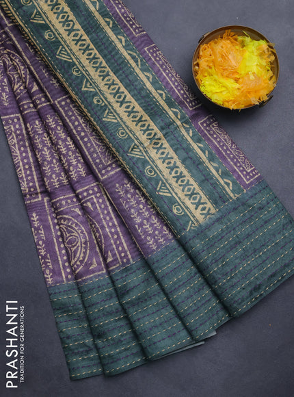 Semi tussar saree violet shade and dark green with allover batik prints and katha stitch work pallu & border