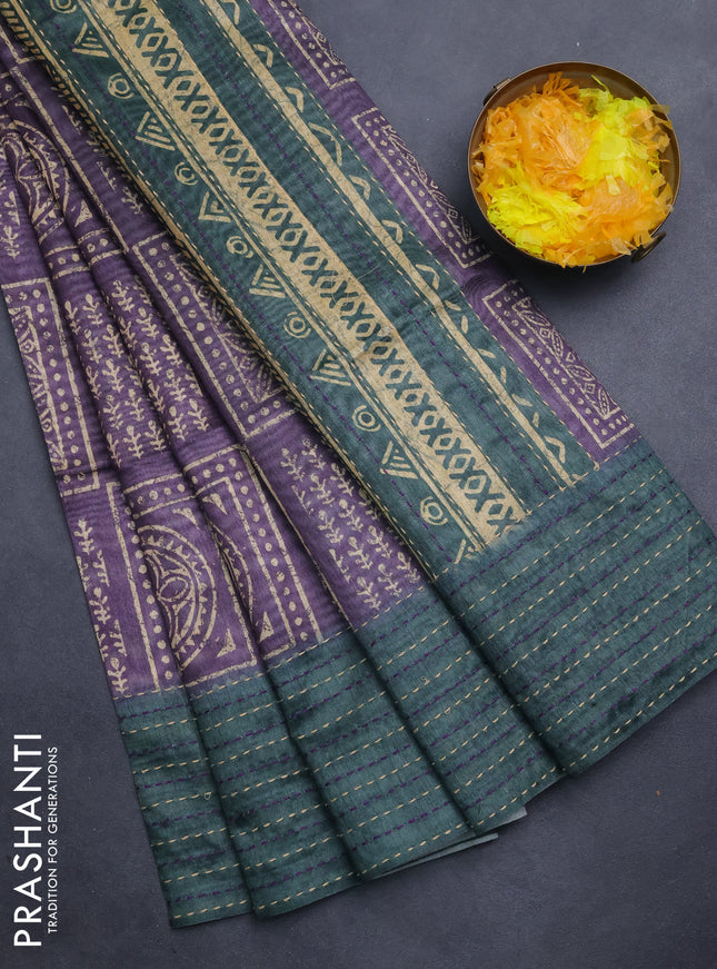 Semi tussar saree violet shade and dark green with allover batik prints and katha stitch work pallu & border