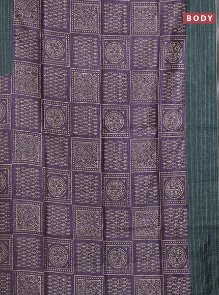 Semi tussar saree violet shade and dark green with allover batik prints and katha stitch work pallu & border