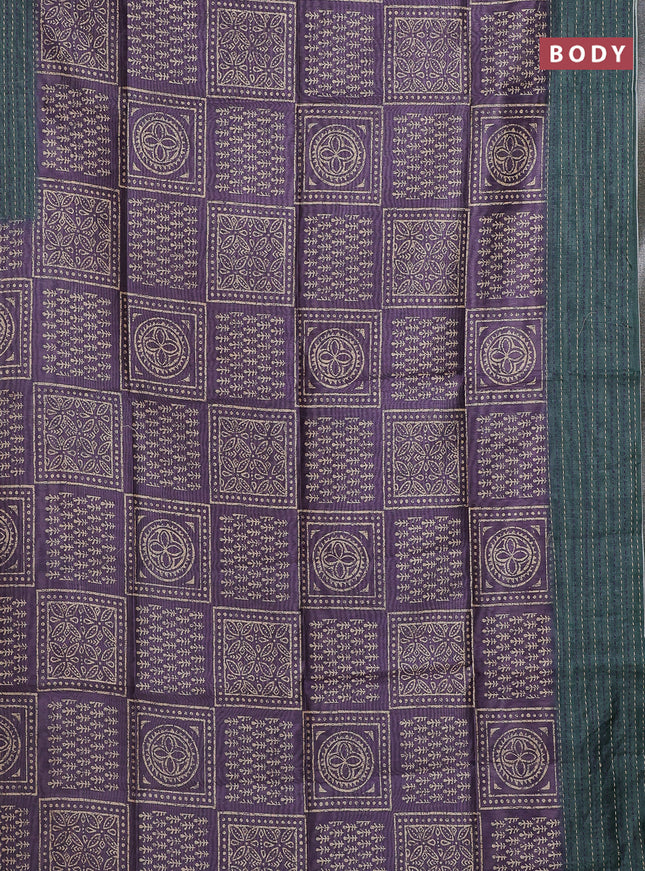 Semi tussar saree violet shade and dark green with allover batik prints and katha stitch work pallu & border