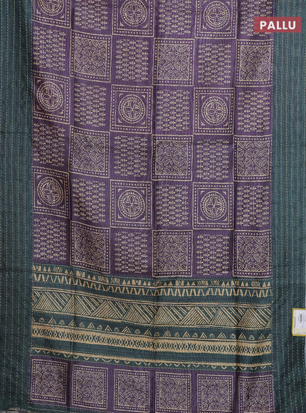 Semi tussar saree violet shade and dark green with allover batik prints and katha stitch work pallu & border